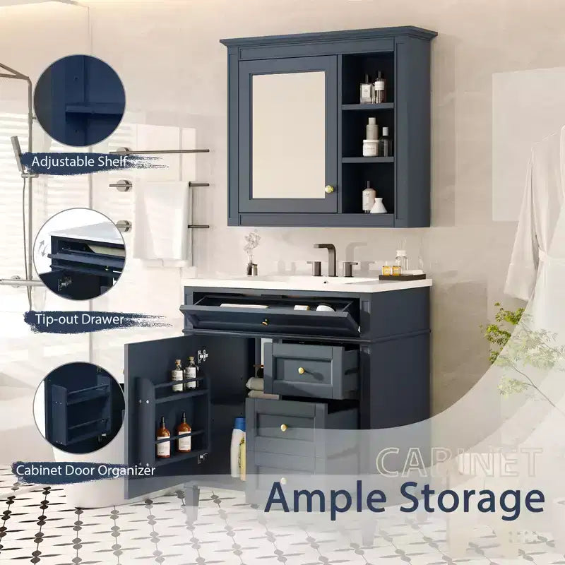 Meuble-lavabo de salle de bain de 76 cm avec lavabo, meuble de rangement de salle de bain avec tiroirs et miroir, armoire de toilette avec miroir