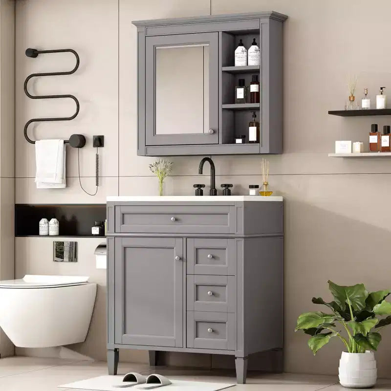 Meuble-lavabo de salle de bain de 76 cm avec lavabo, meuble de rangement de salle de bain avec tiroirs et miroir, armoire de toilette avec miroir