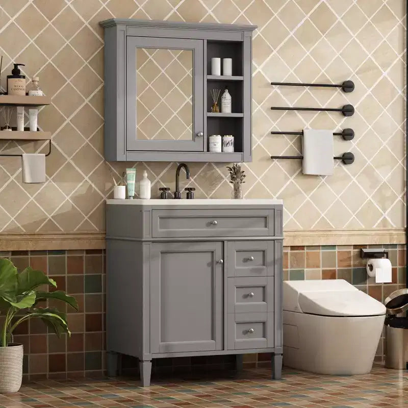 Meuble-lavabo de salle de bain de 76 cm avec lavabo, meuble de rangement de salle de bain avec tiroirs et miroir, armoire de toilette avec miroir