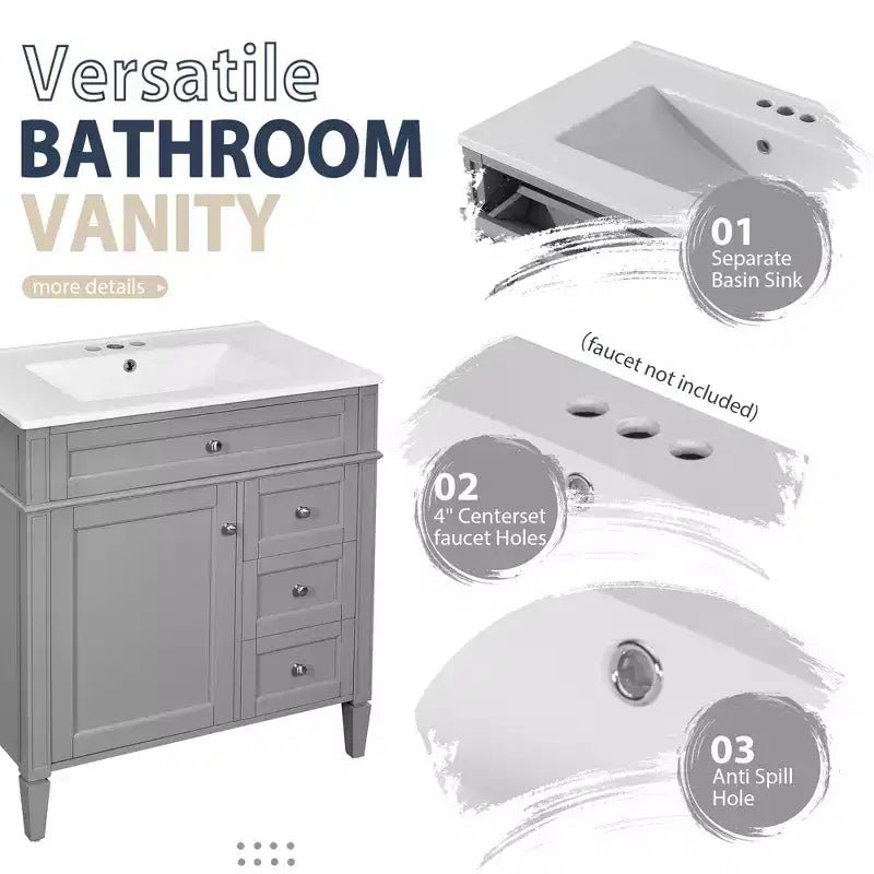 Meuble-lavabo de salle de bain de 76 cm avec lavabo, meuble de rangement de salle de bain avec tiroirs et miroir, armoire de toilette avec miroir