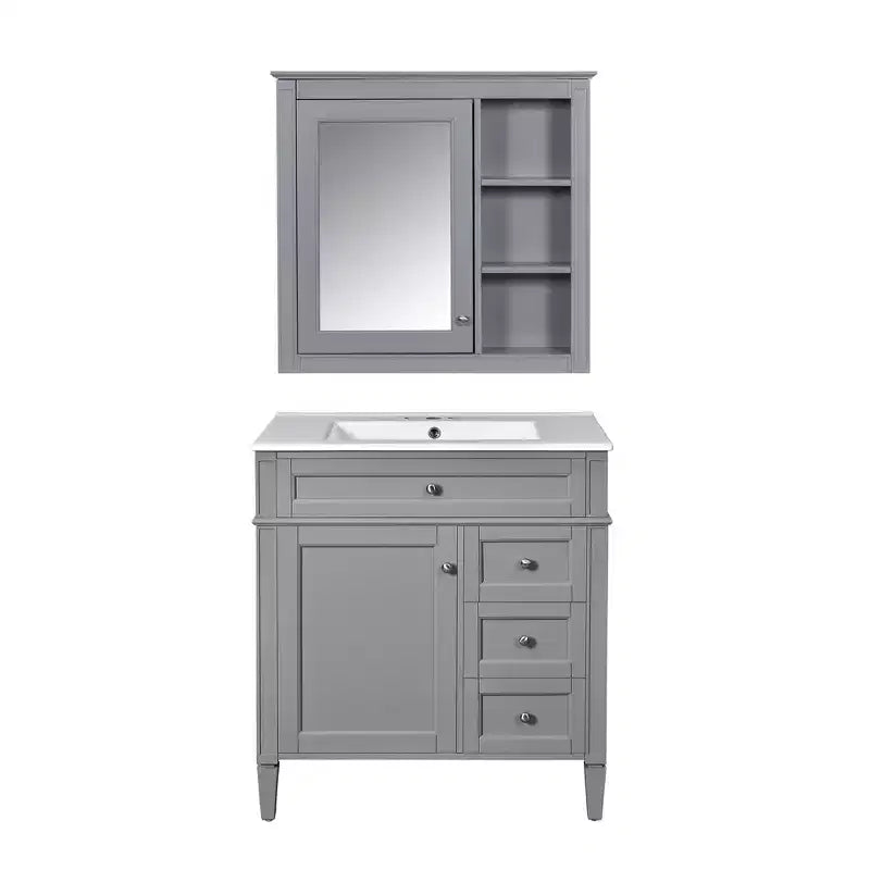Meuble-lavabo de salle de bain de 76 cm avec lavabo, meuble de rangement de salle de bain avec tiroirs et miroir, armoire de toilette avec miroir