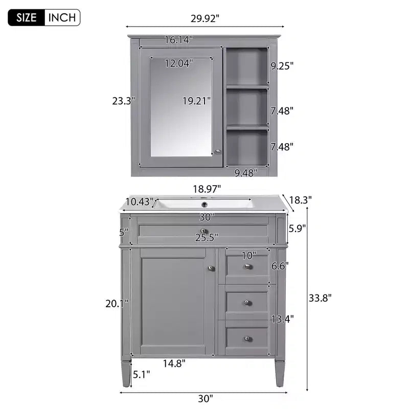 Meuble-lavabo de salle de bain de 76 cm avec lavabo, meuble de rangement de salle de bain avec tiroirs et miroir, armoire de toilette avec miroir