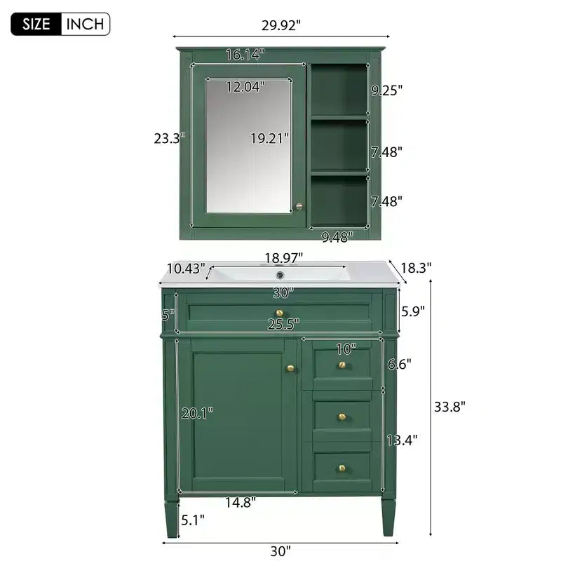 Meuble-lavabo de salle de bain de 76 cm avec lavabo, meuble de rangement de salle de bain avec tiroirs et miroir, armoire de toilette avec miroir
