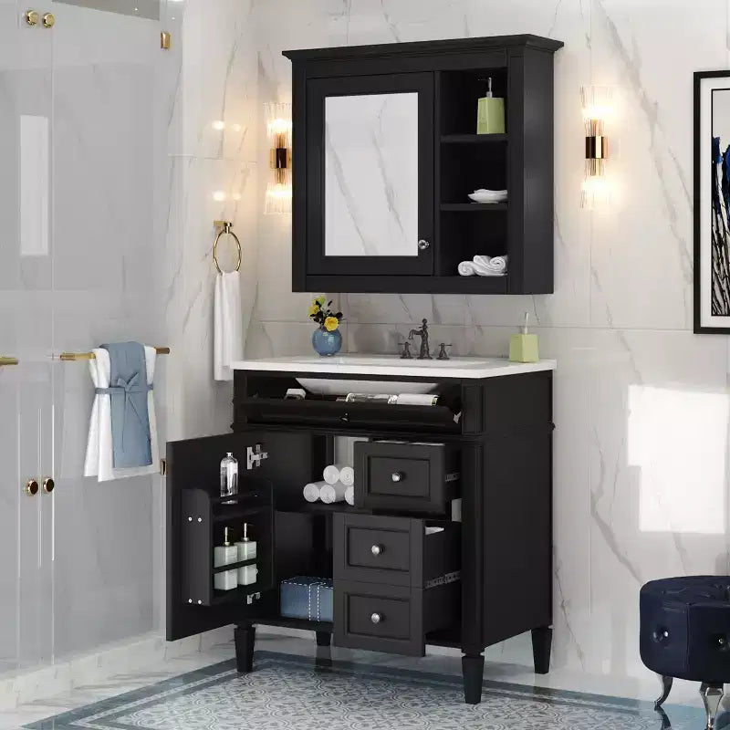 Meuble-lavabo de salle de bain de 76 cm avec lavabo, meuble de rangement de salle de bain avec tiroirs et miroir, armoire de toilette avec miroir