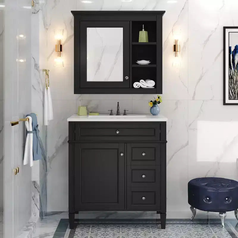 Meuble-lavabo de salle de bain de 76 cm avec lavabo, meuble de rangement de salle de bain avec tiroirs et miroir, armoire de toilette avec miroir