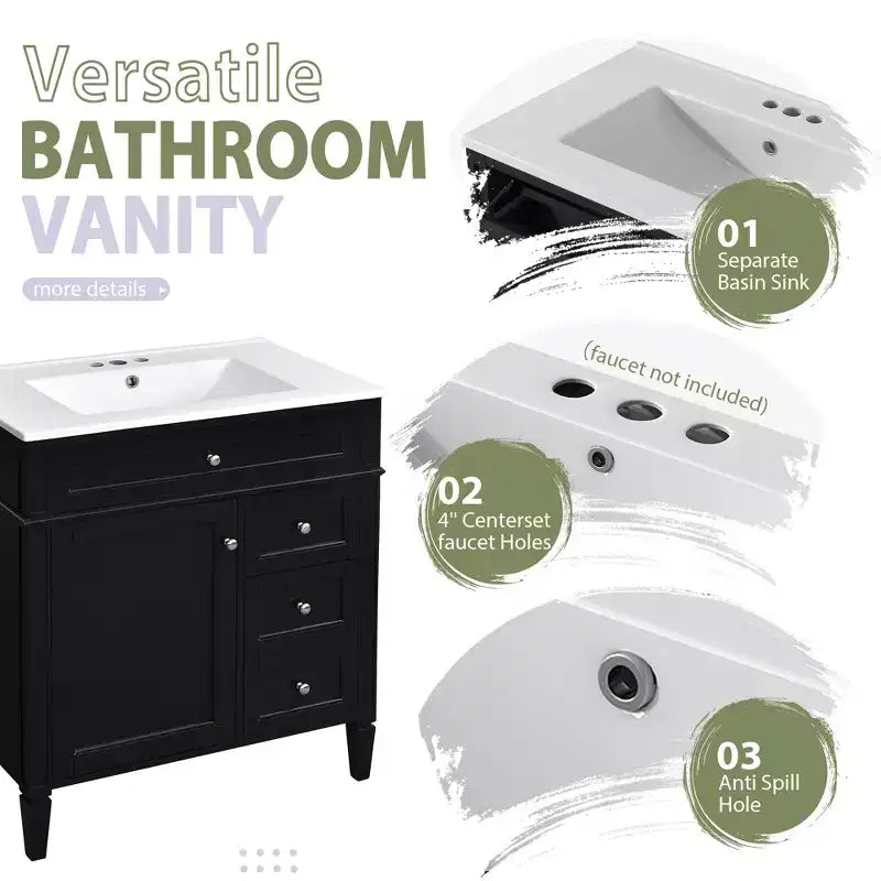 Meuble-lavabo de salle de bain de 76 cm avec lavabo, meuble de rangement de salle de bain avec tiroirs et miroir, armoire de toilette avec miroir