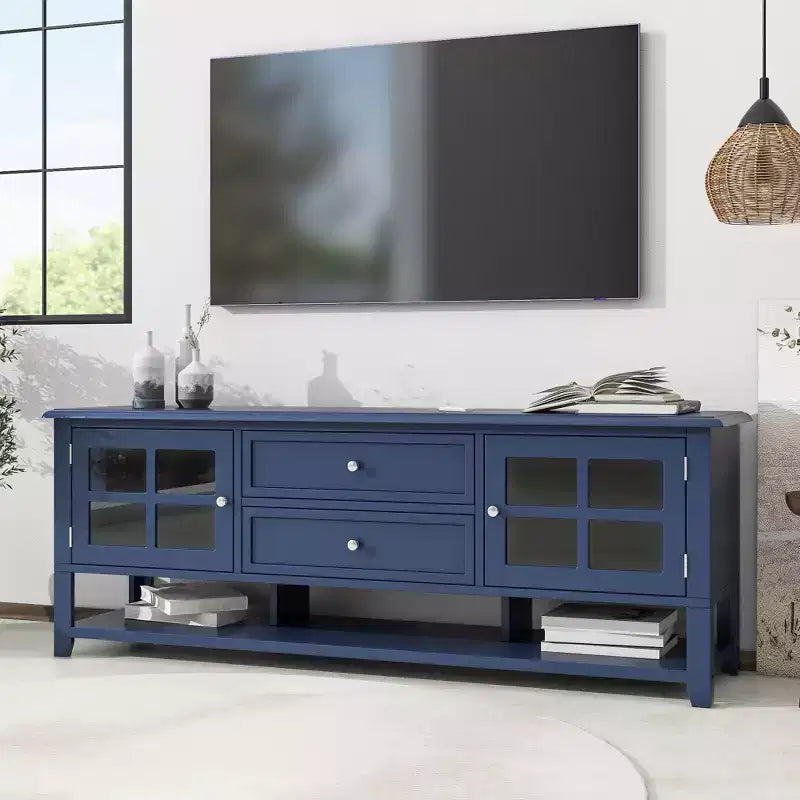 JVNOXK Meuble TV du milieu du siècle avec 2 portes vitrées et 2 tiroirs, meuble TV minimaliste pour téléviseurs jusqu'à 60", console robuste pour salon et chambre à coucher