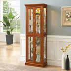 Vitrine d'angle éclairée 70, 6 étagères en verre réglables, meuble de rangement en bois composite pour salon, grande vitrine