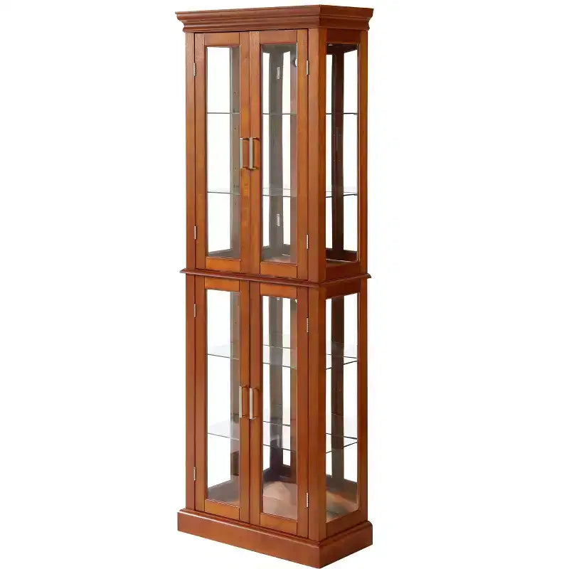 Vitrine d'angle éclairée 70, 6 étagères en verre réglables, meuble de rangement en bois composite pour salon, grande vitrine