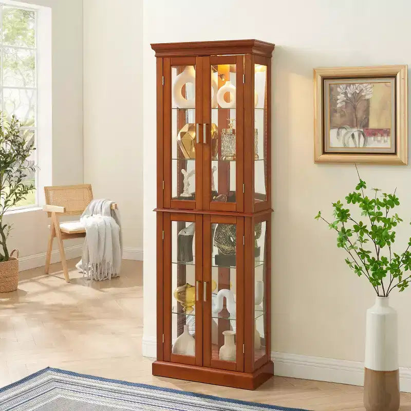 Vitrine d'angle éclairée 70, 6 étagères en verre réglables, meuble de rangement en bois composite pour salon, grande vitrine