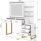 Coiffeuse avec miroir coulissant et lumières, grande table de maquillage avec station de charge, 3 modes d'éclairage, 5 tiroirs et 3 niveaux d'étagères ouvertes