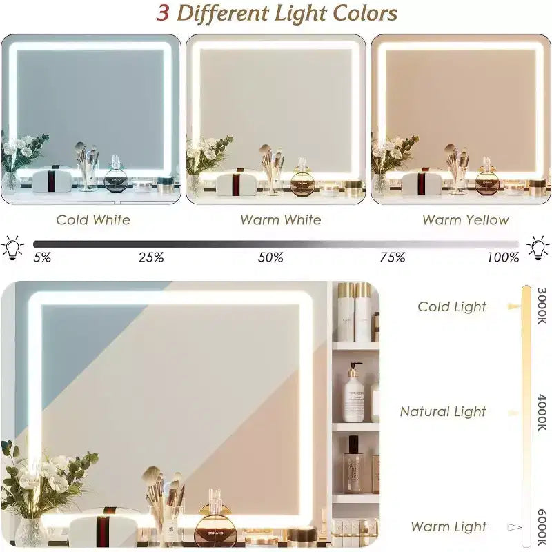 Coiffeuse avec miroir coulissant et lumières, grande table de maquillage avec station de charge, 3 modes d'éclairage, 5 tiroirs et 3 niveaux d'étagères ouvertes