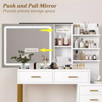 Coiffeuse avec miroir coulissant et lumières, grande table de maquillage avec station de charge, 3 modes d'éclairage, 5 tiroirs et 3 niveaux d'étagères ouvertes