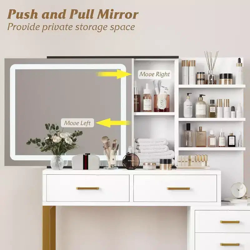 Coiffeuse avec miroir coulissant et lumières, grande table de maquillage avec station de charge, 3 modes d'éclairage, 5 tiroirs et 3 niveaux d'étagères ouvertes