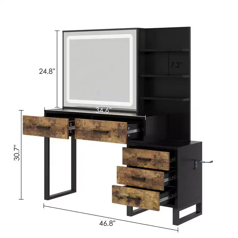 Coiffeuse avec miroir coulissant et lumières, grande table de maquillage avec station de charge, 3 modes d'éclairage, 5 tiroirs et 3 niveaux d'étagères ouvertes