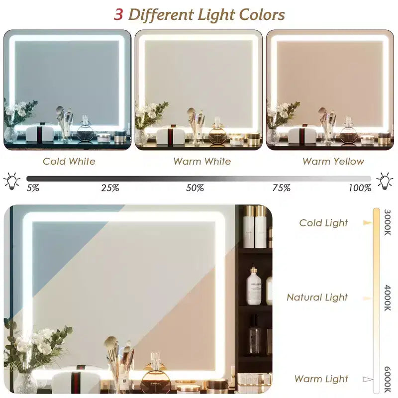Coiffeuse avec miroir coulissant et lumières, grande table de maquillage avec station de charge, 3 modes d'éclairage, 5 tiroirs et 3 niveaux d'étagères ouvertes