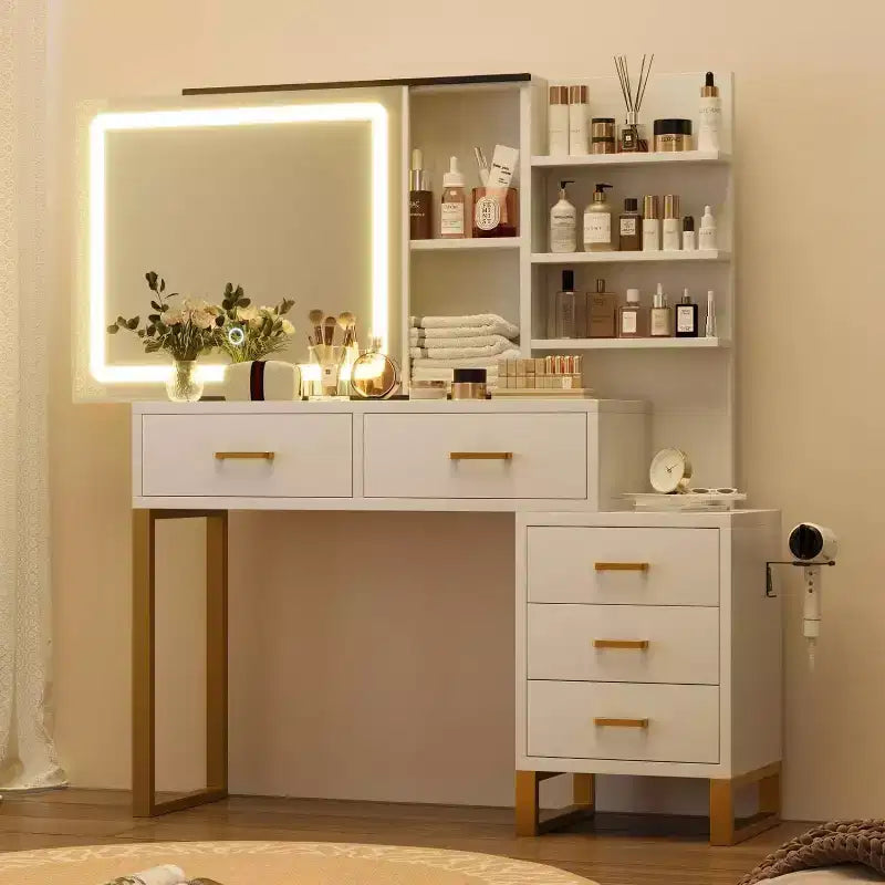 Coiffeuse avec miroir coulissant et lumières, grande table de maquillage avec station de charge, 3 modes d'éclairage, 5 tiroirs et 3 niveaux d'étagères ouvertes