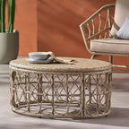 Table basse, table d'appoint ronde avec plateau en osier tressé, table de canapé en rotin pour patio avec design en boucle pour jardin, cour arrière