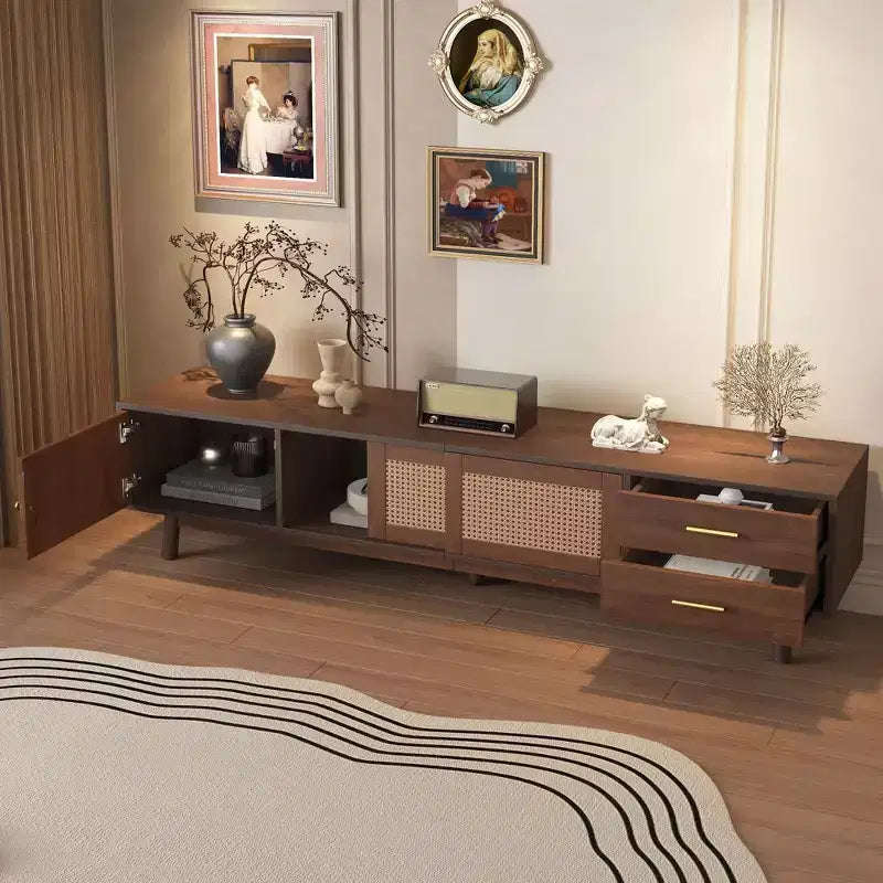 Meuble TV PexFix de style Mid-Century Moderne pour TV 80 pouces Meuble de rangement avec portes coulissantes et tiroirs Table TV avec espace de rangement pour salon/chambre Marron