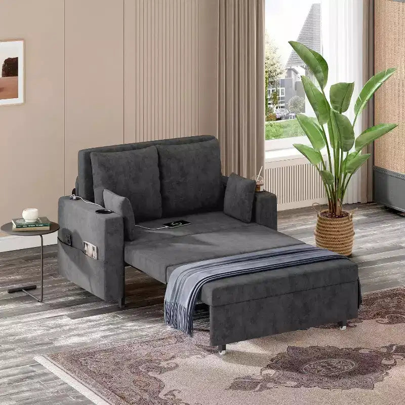 Canapé-lit convertible, canapé-lit escamotable de 142 cm, canapé-lit deux places avec 4 oreillers, chargement USB, porte-gobelets, poches latérales pour salon, chambre à coucher