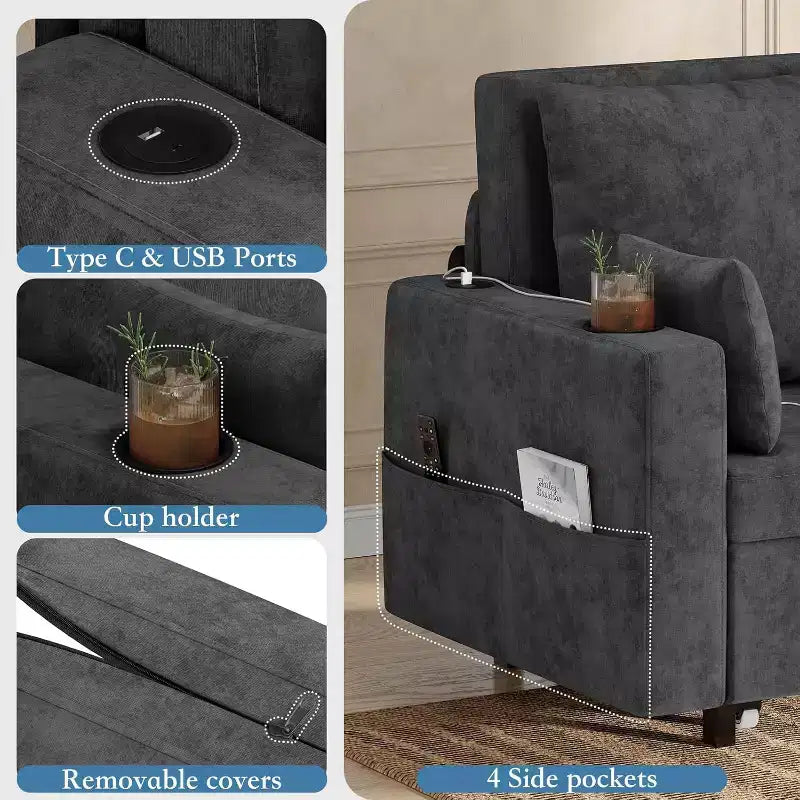 Canapé-lit convertible, canapé-lit escamotable de 142 cm, canapé-lit deux places avec 4 oreillers, chargement USB, porte-gobelets, poches latérales pour salon, chambre à coucher