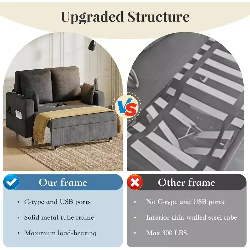 Canapé-lit convertible, canapé-lit escamotable de 142 cm, canapé-lit deux places avec 4 oreillers, chargement USB, porte-gobelets, poches latérales pour salon, chambre à coucher