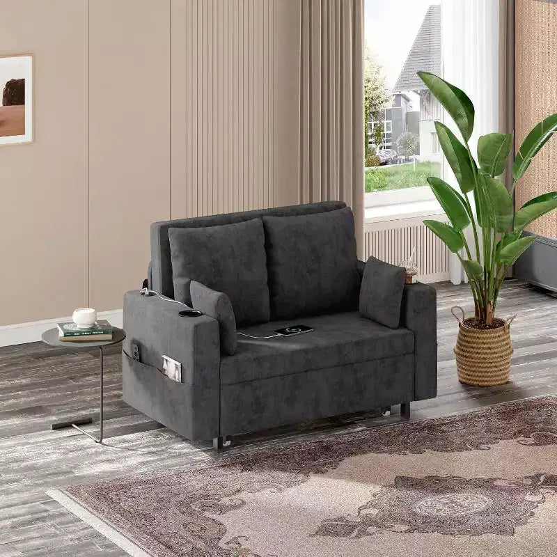 Canapé-lit convertible, canapé-lit escamotable de 142 cm, canapé-lit deux places avec 4 oreillers, chargement USB, porte-gobelets, poches latérales pour salon, chambre à coucher