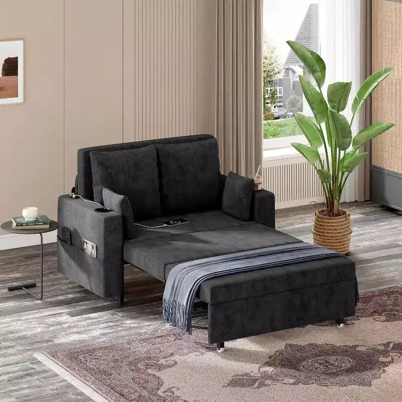 Canapé-lit convertible, canapé-lit escamotable de 142 cm, canapé-lit deux places avec 4 oreillers, chargement USB, porte-gobelets, poches latérales pour salon, chambre à coucher