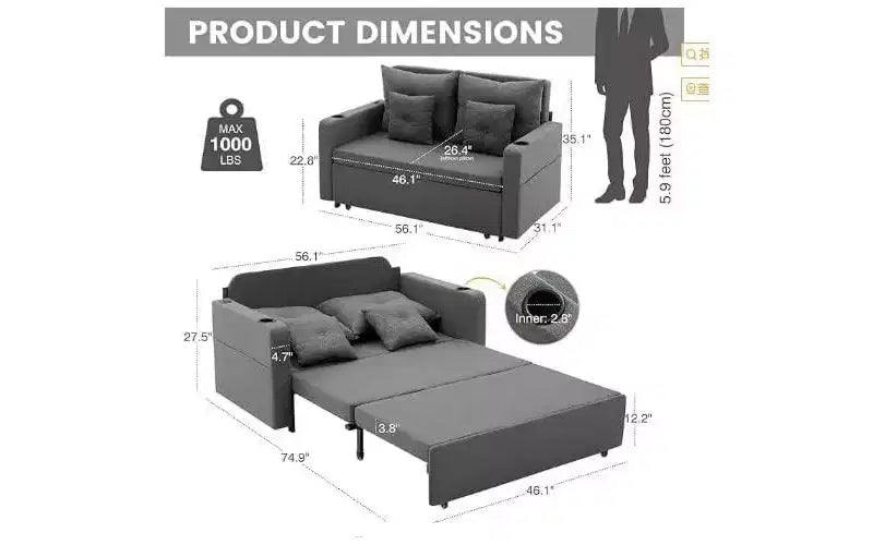 Canapé-lit convertible, canapé-lit escamotable de 142 cm, canapé-lit deux places avec 4 oreillers, chargement USB, porte-gobelets, poches latérales pour salon, chambre à coucher