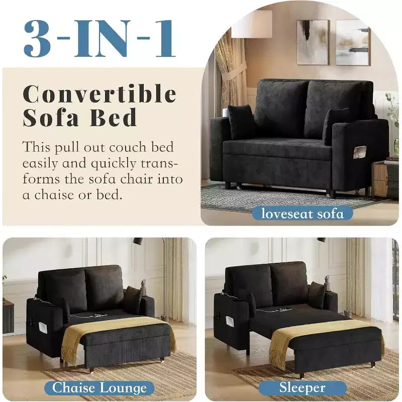 Canapé-lit convertible, canapé-lit escamotable de 142 cm, canapé-lit deux places avec 4 oreillers, chargement USB, porte-gobelets, poches latérales pour salon, chambre à coucher