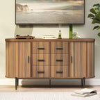 Buffet vaisselier cannelé, Grand bahut de rangement de 150 cm Meuble TV console multimédia avec 6 tiroirs et 2 portes coulissantes pour salon