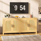 Buffet vaisselier cannelé, Grand bahut de rangement de 150 cm Meuble TV console multimédia avec 6 tiroirs et 2 portes coulissantes pour salon