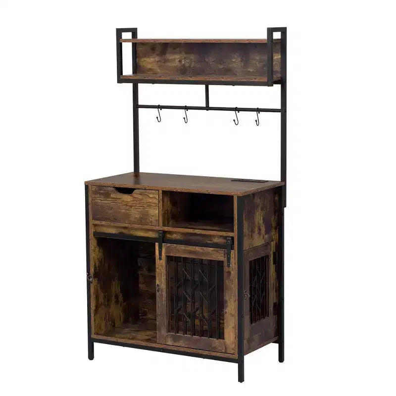 Meuble Crate pour Chien de 31,5 Pouces avec Tiroirs et Station de Charge, Chenil Intérieur à Double Porte avec Rangement, Marron Rustique