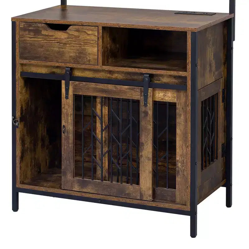 Meuble Crate pour Chien de 31,5 Pouces avec Tiroirs et Station de Charge, Chenil Intérieur à Double Porte avec Rangement, Marron Rustique