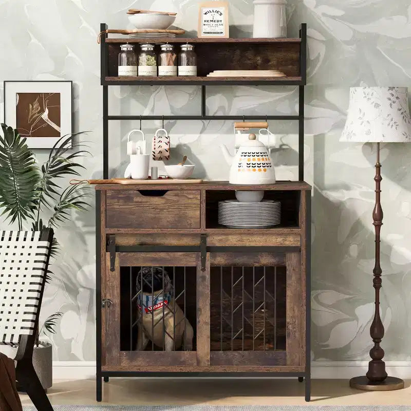 Meuble Crate pour Chien de 31,5 Pouces avec Tiroirs et Station de Charge, Chenil Intérieur à Double Porte avec Rangement, Marron Rustique