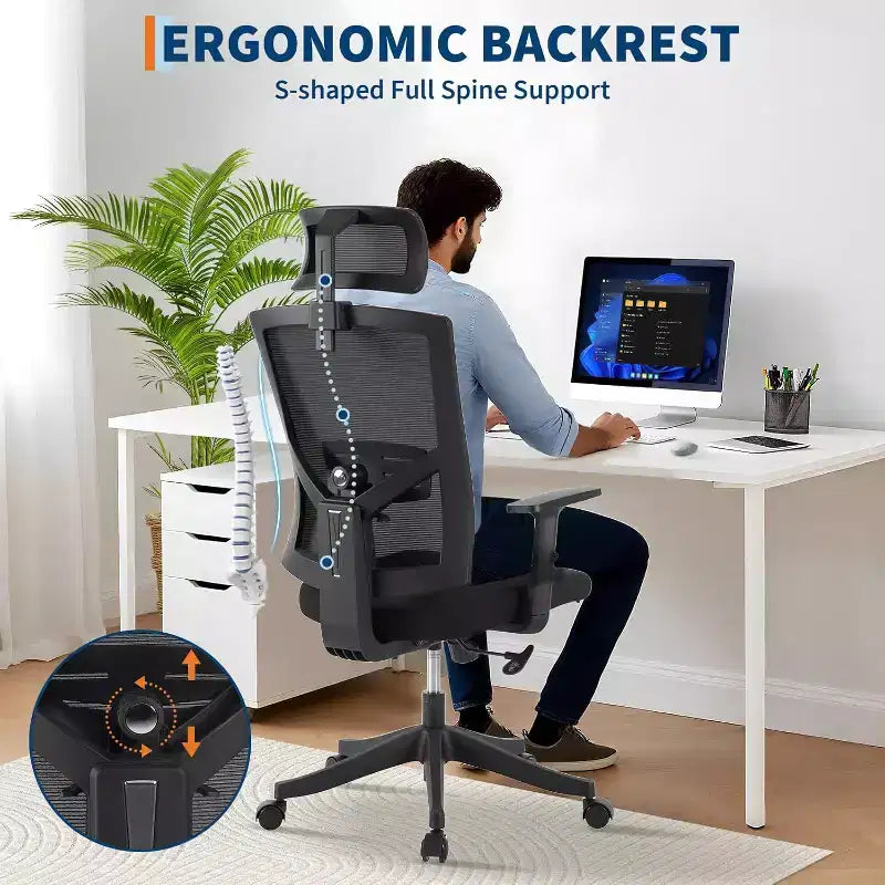 Fauteuil de bureau ergonomique, Chaise de bureau réglable en maille avec support lombaire, Chaise de direction pivotante sur roulettes pour la maison, le bureau et les jeux