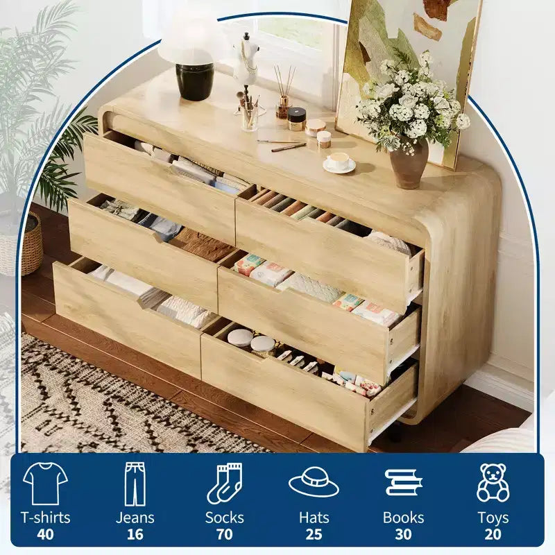 Commode à 6 tiroirs pour chambre à coucher, commode en bois moderne de 120 cm de large avec grand espace de rangement en bois, commode pour salon, couloir