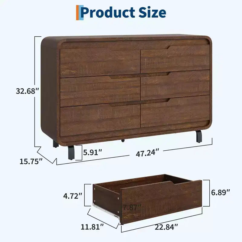 Commode COZONY à 6 tiroirs, 119 cm de large, meuble moderne en bois à coins arrondis, design sans poignée