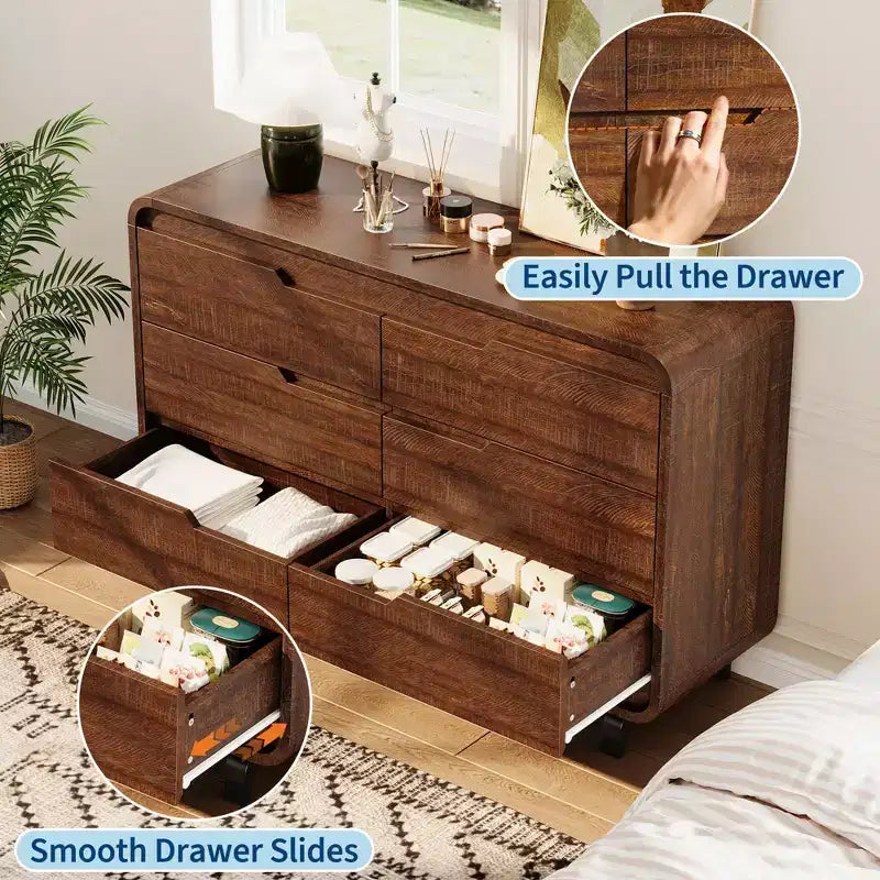 Commode COZONY à 6 tiroirs, 119 cm de large, meuble moderne en bois à coins arrondis, design sans poignée