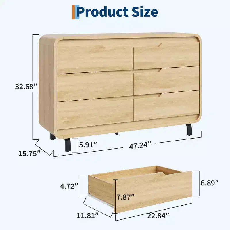 Commode COZONY à 6 tiroirs, 119 cm de large, meuble moderne en bois à coins arrondis, design sans poignée