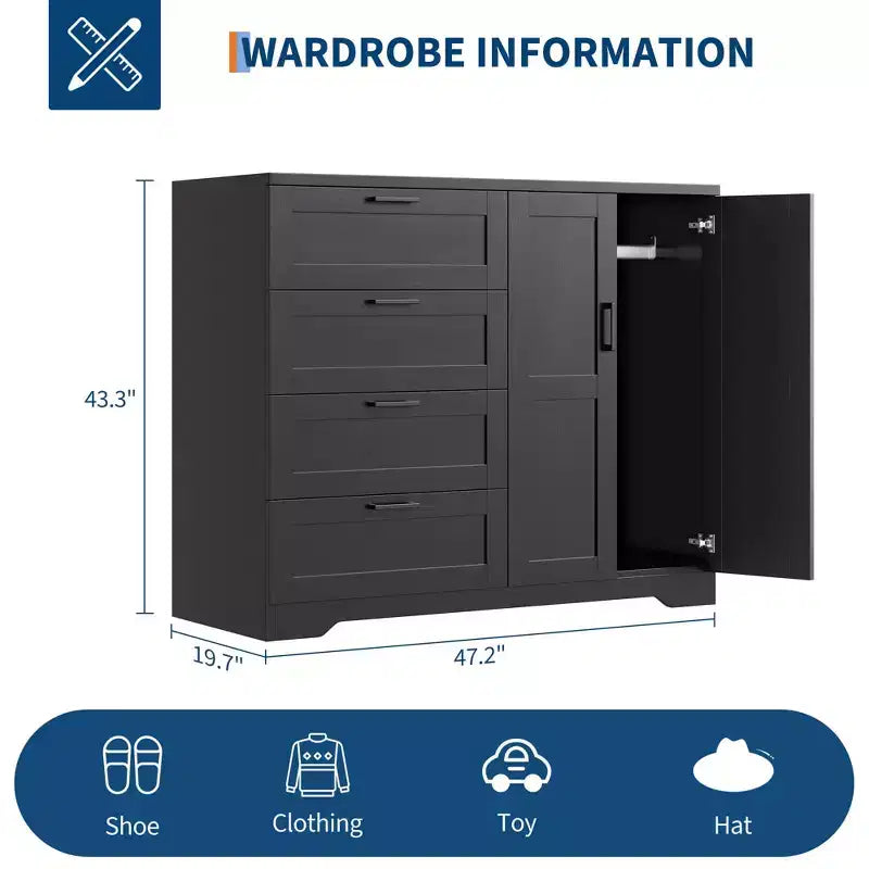 Commode multifonctionnelle en bois COZONY, armoire à 2 portes de 110 cm de hauteur avec 4 tiroirs et une tringle de suspension pour chambre à coucher