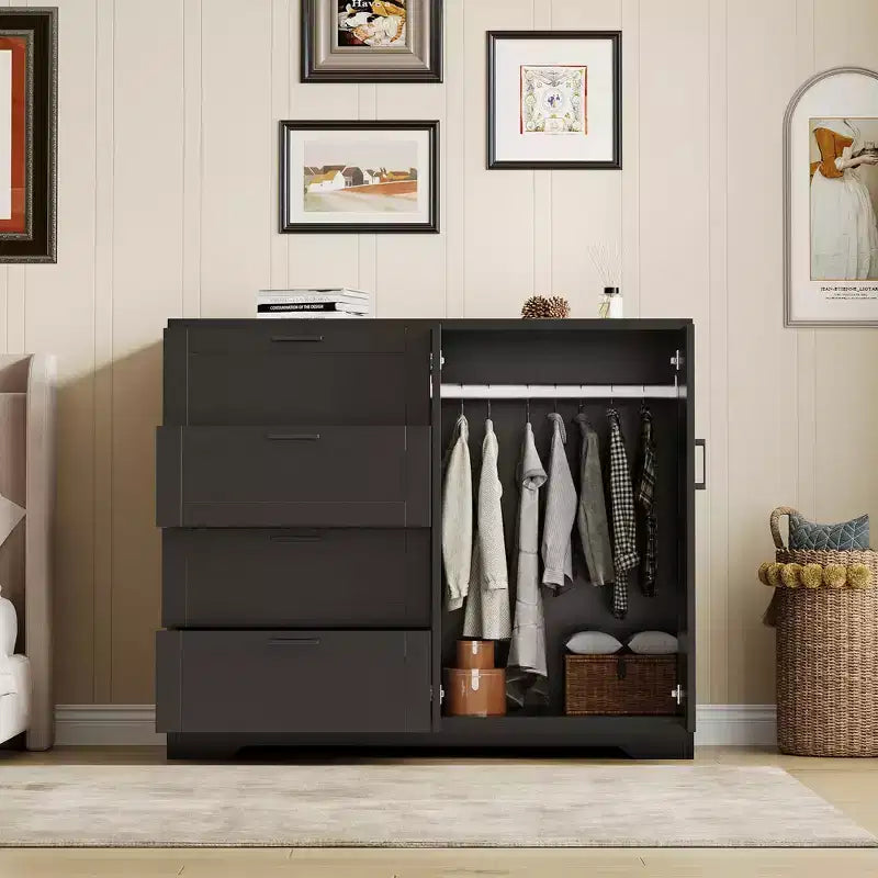 Commode multifonctionnelle en bois COZONY, armoire à 2 portes de 110 cm de hauteur avec 4 tiroirs et une tringle de suspension pour chambre à coucher