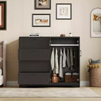 Commode multifonctionnelle en bois COZONY, armoire à 2 portes de 110 cm de hauteur avec 4 tiroirs et une tringle de suspension pour chambre à coucher