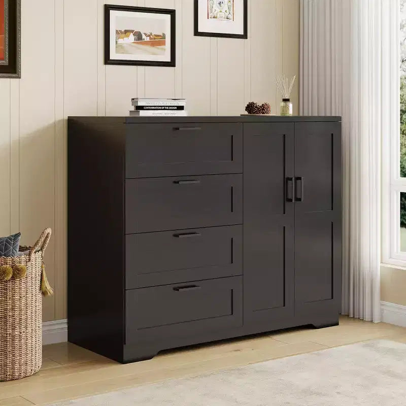 Commode multifonctionnelle en bois COZONY, armoire à 2 portes de 110 cm de hauteur avec 4 tiroirs et une tringle de suspension pour chambre à coucher