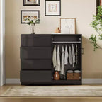 Commode multifonctionnelle en bois COZONY, armoire à 2 portes de 110 cm de hauteur avec 4 tiroirs et une tringle de suspension pour chambre à coucher
