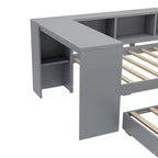 Lit de repos jumeau/double avec lit gigogne, cadre de lit en bois avec bureau, tiroirs de rangement et étagères, pas besoin de sommier tapissier - ModernLuxe