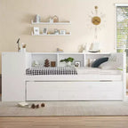 Lit de repos jumeau/double avec lit gigogne, cadre de lit en bois avec bureau, tiroirs de rangement et étagères, pas besoin de sommier tapissier - ModernLuxe