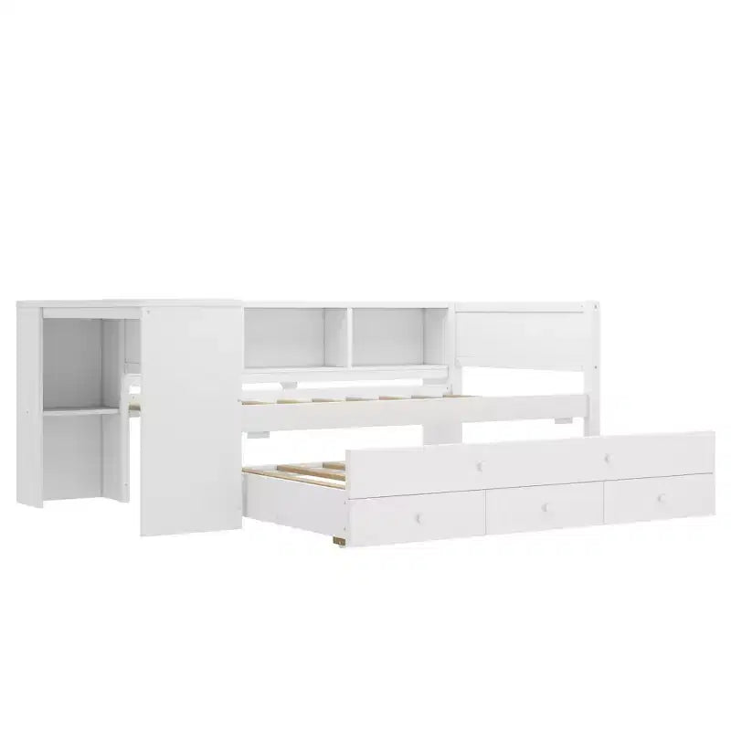Lit de repos jumeau/double avec lit gigogne, cadre de lit en bois avec bureau, tiroirs de rangement et étagères, pas besoin de sommier tapissier - ModernLuxe