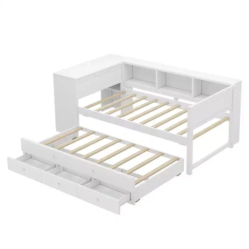 Lit de repos jumeau/double avec lit gigogne, cadre de lit en bois avec bureau, tiroirs de rangement et étagères, pas besoin de sommier tapissier - ModernLuxe