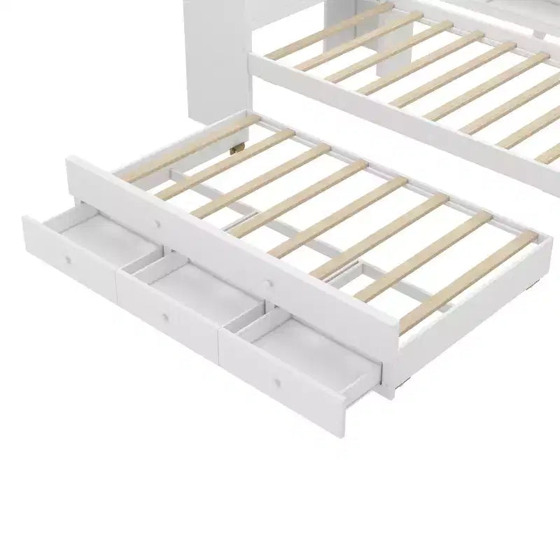 Lit de repos jumeau/double avec lit gigogne, cadre de lit en bois avec bureau, tiroirs de rangement et étagères, pas besoin de sommier tapissier - ModernLuxe